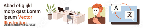 Workplace productivity, visual identity, online language translation, home office, communication tools, digital analysis. Office desk with computers, person with a face mask, translation on screen
