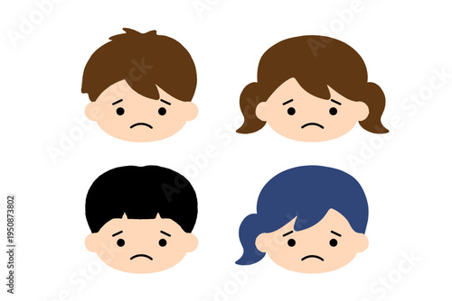 悲しい子供の顔アイコンセット 男の子と女の子の困る表情 キッズキャラクター感情イラスト