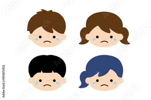 涙を流して悲しむ子供の顔アイコンセット 男の子と女の子の感情表現シンプルフラットイラスト