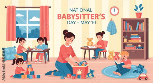 Babysitter and children playing in a colorful nursery on national babysitter's day may 10 with toys and books