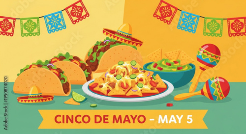 Vibrant cinco de mayo celebration with tacos nachos and traditional mexican food on colorful table