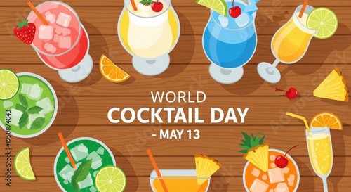 Colorful cocktails with fruits and ice on wooden table for world cocktail day on may 13
