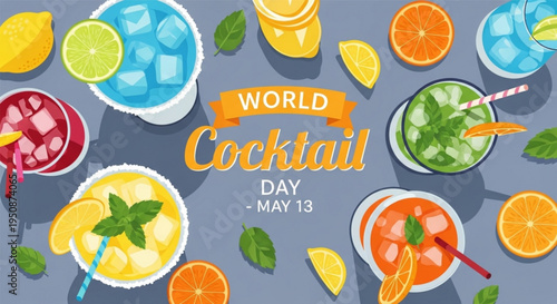 Colorful cocktails with fruits and mint on world cocktail day may 13 celebrating drinks and mixology culture