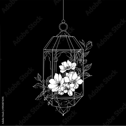 Floral lantern illustration with intricate details and a dark background for a dramatic effect is shown here