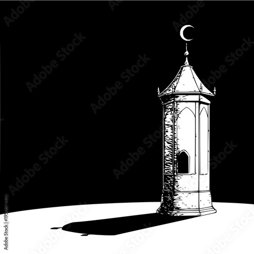 Monochrome illustration of a minaret with a crescent moon in the night sky is depicted here beautifully