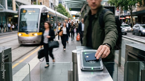 Urban outdoor tram setting showing a person tapping a contactless card on the fare gate crisp focus on the card reader with blurred passing pedestrians.