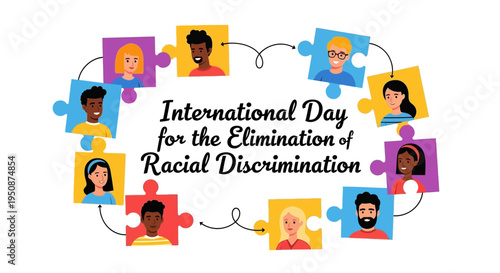 Illustration of diverse people forming a puzzle for International Day for the Elimination of Racial Discrimination with colorful design elements on a white background, promoting unity and
