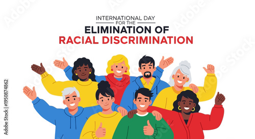 Illustration of diverse people with hands raised for International Day for the Elimination of Racial Discrimination with a stop racism campaign concept against a clean white background.