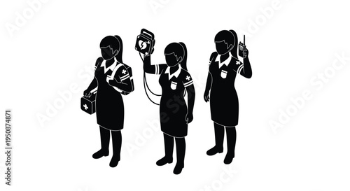 Set of 3 businesswomen icons vector, black silhouettes