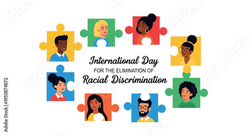 Illustration design for International Day for the Elimination of Racial Discrimination with diverse people puzzle pieces on white background, promoting racial equality and anti-racism