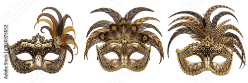 Ornate Venetian Masquerade Masks, Gold Filigree Detail with Brown and Spotted Feathers, Carnival Party Accessories, Set of Three, PNG Isolated on White Background