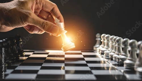 Business strategy and leadership illustrated by a hand making a decisive move in a chess game.