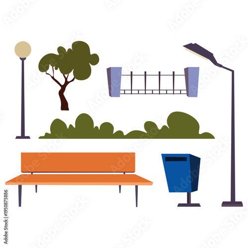 Collection of flat vector illustrations of modern public parks and urban landscape elements, city street furniture and greenery..ai