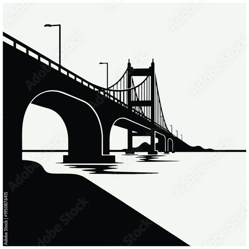 Suspension Bridge Silhouette with Streetlights.