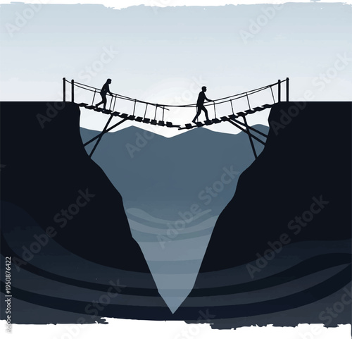 Two People Crossing Suspension Bridge Between Cliffs.