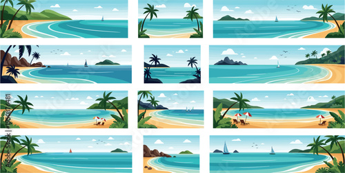 Tropical beach landscape collection with ocean waves palm trees islands and seaside summer travel scenes vector illustration set
