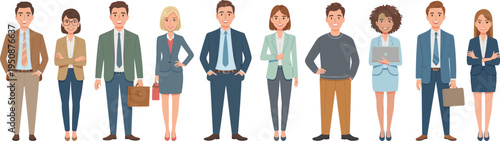 Diverse Business People Standing Row Professional Team Illustration. Corporate Employees Group Diverse Office Workers Character Set.