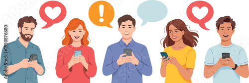 Modern Users Engaged in Social Media Apps Mobile Addiction. Young People Texting on Smartphones Online Communication Concept.