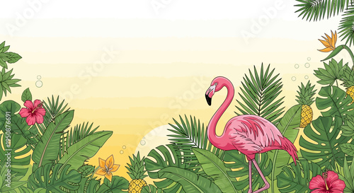 Pink Flamingo Standing Among Tropical Foliage.