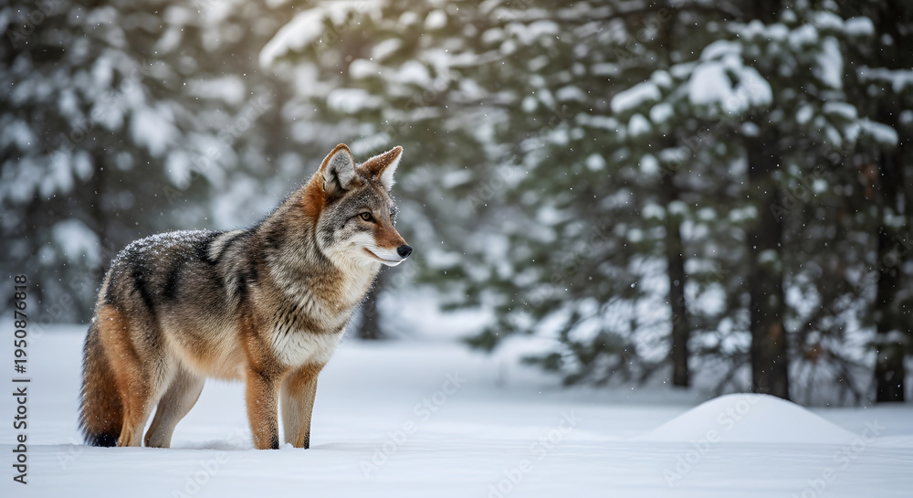 Obraz premium A wild coyote standing in a snowy forest during winter with thick fur