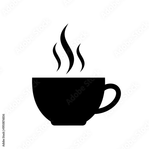 Black silhouette of steaming coffee cup on white