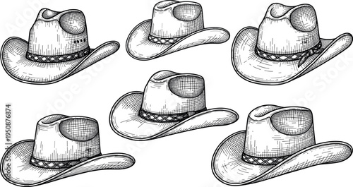 Vintage cowboy hat engraving collection western ranch headwear hand drawn retro line art vector illustration set