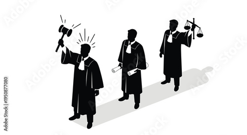 Set of 3 law icons vector, lawyer symbols