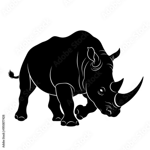 Black silhouette of a rhinoceros walking forward