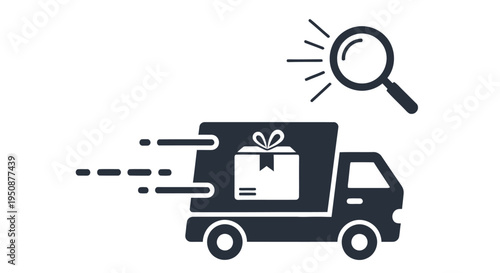 Delivery truck with a gift box and a magnifying glass inspecting the shipment