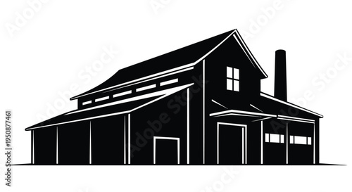 Black and white illustration of a classic barn with a chimney and covered porch