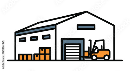 Simple illustration of a warehouse building with stacked boxes and a forklift