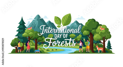 Illustration of people in a forest landscape celebrating International Day of Forests with a design promoting forest conservation and environmental protection.