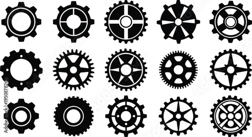Gear and Cogwheel Icon Set, Mechanical Gear Settings Symbols, Engineering Cog Wheel Collection, Industrial Technology Silhouette Icons