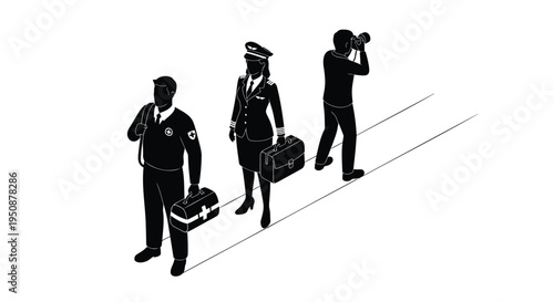 Set of 3 black airport staff icons vector