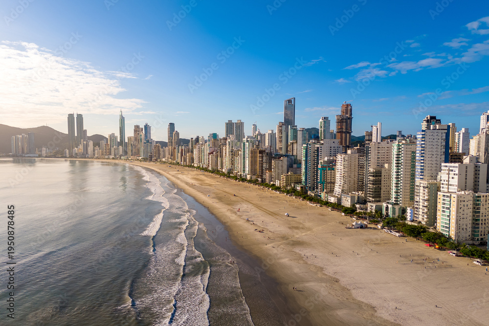 Fototapeta premium Central Beach With Tall Buildings in Front, Balneario Camboriu City, Brazil