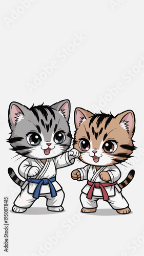 Adorable kitten martial arts duo in white uniforms with colored belts standing together in a cute cartoon style for kids apparel dojo posters stickers nursery prints and sports themed designs