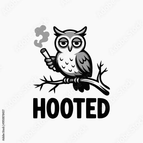 Funny hooted owl cartoon smoking on branch with bold lettering on light background for tshirt print sticker poster meme design with quirky nocturnal bird humor and sarcastic style