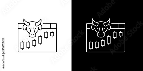 Dynamic financial market line icon with a strong bull symbol overlooking an upward-trending candlestick chart, representing stock growth and investment optimism