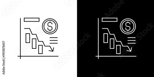 Linear vector icon visualizing economic downturn, financial crisis, and market decline. Graph showing monetary loss and investment decrease