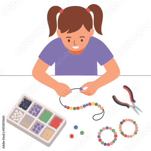 A young girl creating colorful beaded jewelry with various beads and tools on a table indoors.