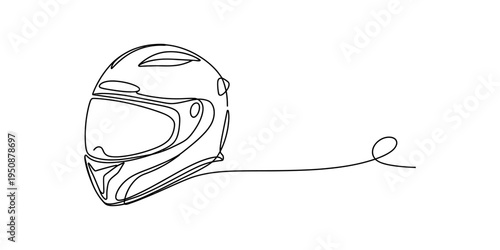 Continuous line drawing of a motorcycle helmet with a visor on a white background