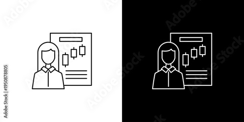 Icon Illustration of a person standing next to a report with stock market charts