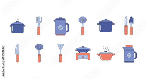 Various kitchen utensils and cookware laid out on a surface