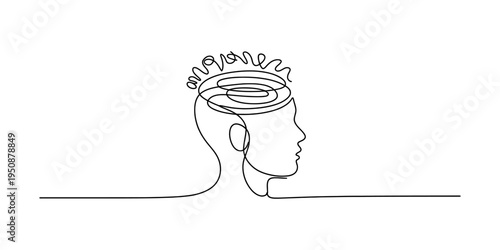 Continuous line drawing of a human head profile with a tangled brain representing mental health