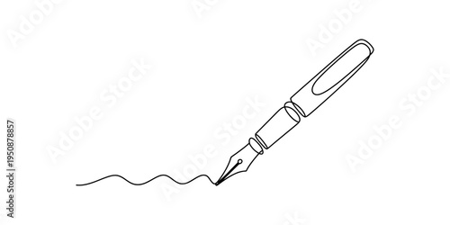 Continuous line drawing of a classic fountain pen creating a wavy line on a white background.