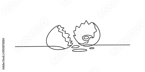 Continuous line drawing of a cracked eggshell on a horizontal surface with spilled contents