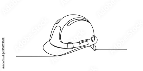 Continuous line drawing of a construction hard hat representing safety and industry work.