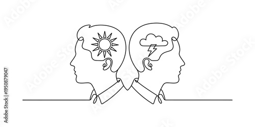 line, art, drawing, head, profile, face, human, person, sun, cloud, lightning, storm, mental, health, mood, emotion, psychology, optimism, pessimism, positive, negative, brain, mind, thought, contrast