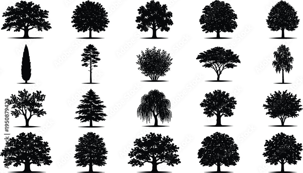 Fototapeta premium Tree and plant silhouette vector illustration, palm broadleaf conifer icons, tropical forest artwork, botanical outdoor design, landscape foliage scene - flat vector illustration