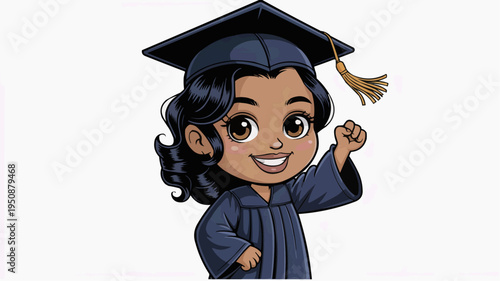 Cute young graduate character in blue cap and gown smiling with diploma in hand rendered as a friendly cartoon portrait for academic achievement celebration and student success concepts